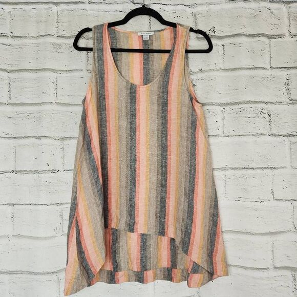 Pure Navy Sleeveless 100% Linen High Low Striped Summer Tank Top Size Small - Picture 1 of 11